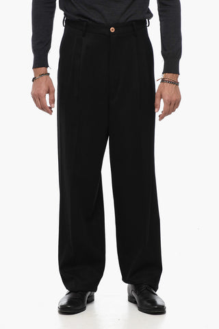 Double-Pleat Virgin Wool Pants with Side Zip