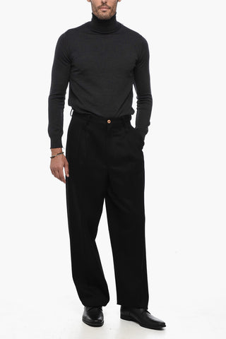 Double-Pleat Virgin Wool Pants with Side Zip