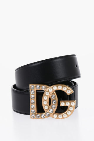 Leather Belt with Buckle Embellished with Beads and Rhinestones 40mm