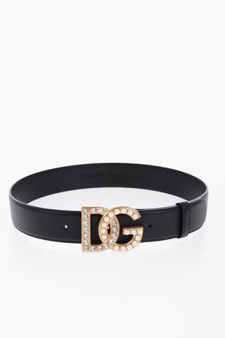 Leather Belt with Buckle Embellished with Beads and Rhinestones 40mm