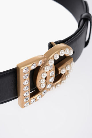 Leather Belt with Buckle Embellished with Beads and Rhinestones 40mm