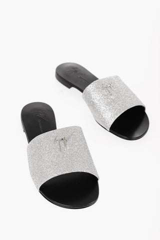 Glittered Flat Sandals with Metal Logo