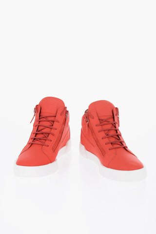 Solid Color Faux Leather High-Top Sneakers with Contrasting Sole