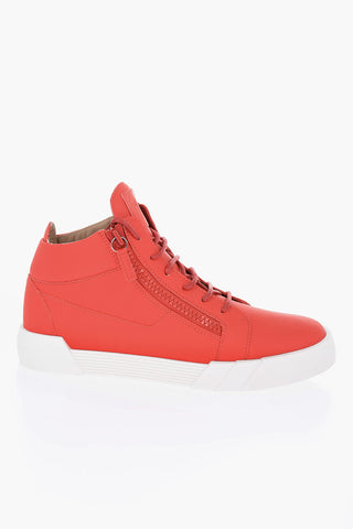Solid Color Faux Leather High-Top Sneakers with Contrasting Sole
