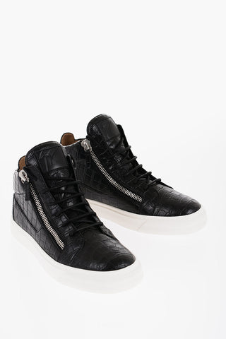 Crocodile Effect Faux Leather Mid-Top Sneakers with Side  Zip