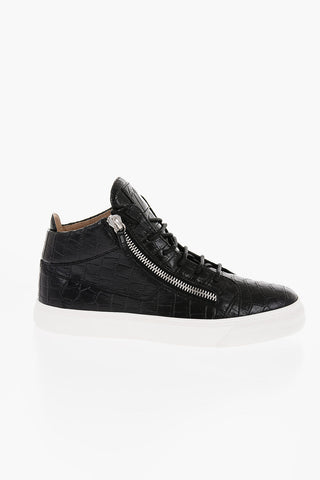 Crocodile Effect Faux Leather Mid-Top Sneakers with Side  Zip