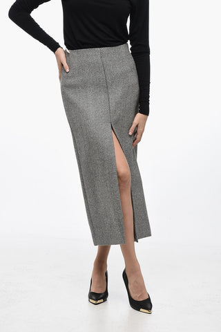 Virgin Wool Striped Midí Skirt with Split