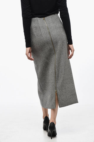 Virgin Wool Striped Midí Skirt with Split