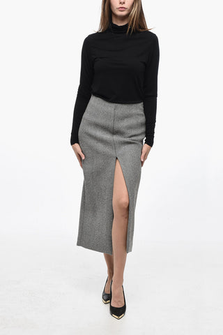 Virgin Wool Striped Midí Skirt with Split