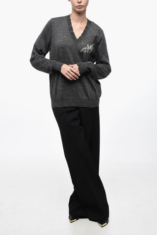 MM1 Maglione In Lana Con Collo A V E Ricamo