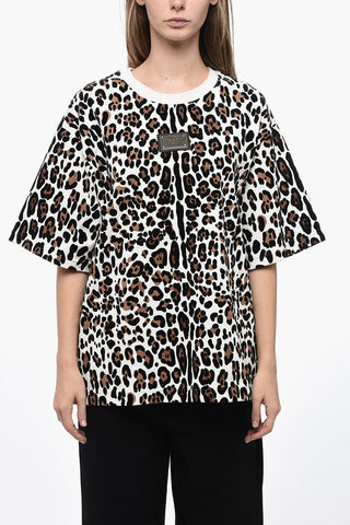 Crew Neck Flocked Cotton T-Shirt with Animal Motif