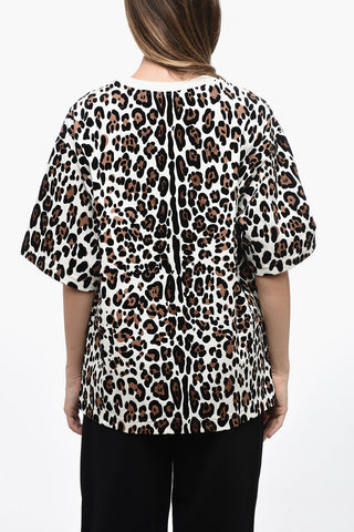 Crew Neck Flocked Cotton T-Shirt with Animal Motif