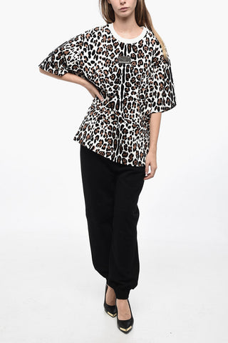Crew Neck Flocked Cotton T-Shirt with Animal Motif