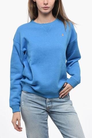 Fleece Cotton Blend Crew Neck Sweatshirt with Embroidered Logo