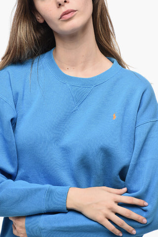 Fleece Cotton Blend Crew Neck Sweatshirt with Embroidered Logo