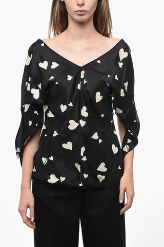V-Neck Heart-Printed Silk Blosue