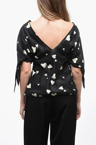V-Neck Heart-Printed Silk Blosue