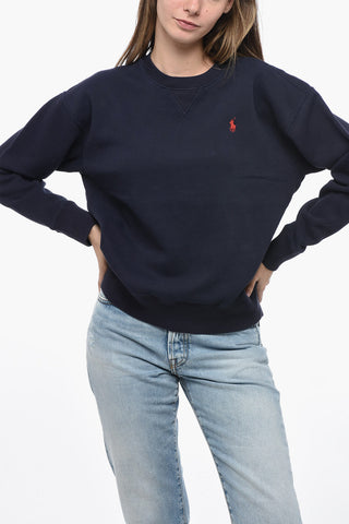 Fleece Cotton Blend Crew Neck Sweatshirt with Embroidered Logo