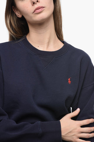 Fleece Cotton Blend Crew Neck Sweatshirt with Embroidered Logo