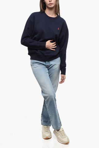 Fleece Cotton Blend Crew Neck Sweatshirt with Embroidered Logo