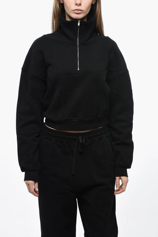Fleeced Cotton Crop Sweatshirt with Half Zip