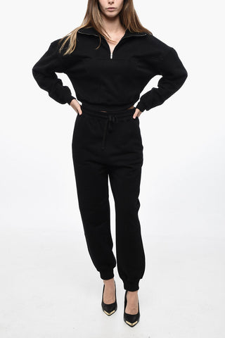 Fleeced Cotton Crop Sweatshirt with Half Zip