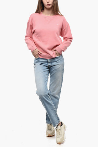 Fleece Cotton Blend Crew Neck Sweatshirt with Embroidered Logo