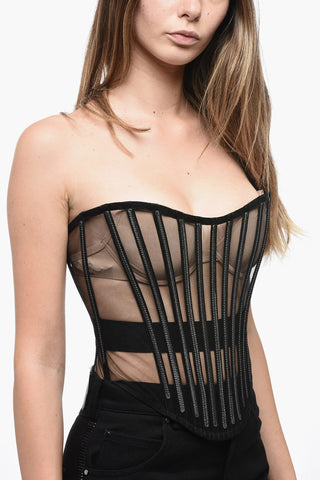 Strapless Tulle Corset Top with Silver-Tone Details
