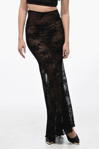 Mesh Flared Skirt with Floral Embroideries