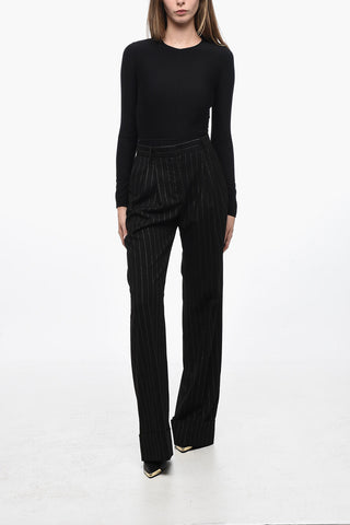 Single-pleated Palazzo Pants with Lurex Pinstriped Motif