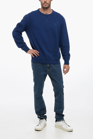 Fleece Cotton Blend Crew Neck Sweatshirt with Embroidered Logo