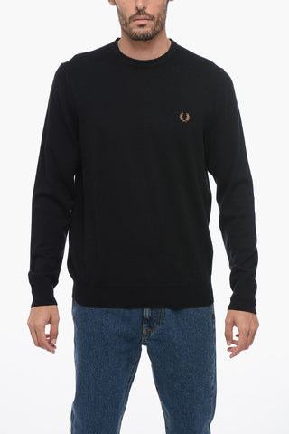 Crew Neck Wool Blend Sweater with Embroidered Logo