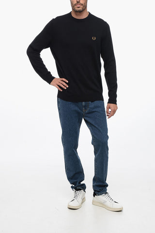 Crew Neck Wool Blend Sweater with Embroidered Logo