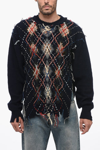 MM0 Crew Neck Wool Sweater with Distressed Design