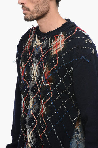 MM0 Crew Neck Wool Sweater with Distressed Design