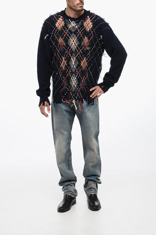MM0 Crew Neck Wool Sweater with Distressed Design