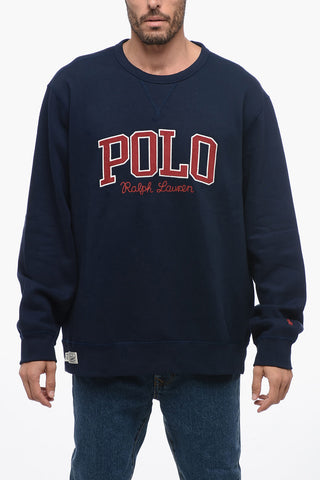 Felpa Girocollo in Misto Cotone con Applicazione in Velour a Coste