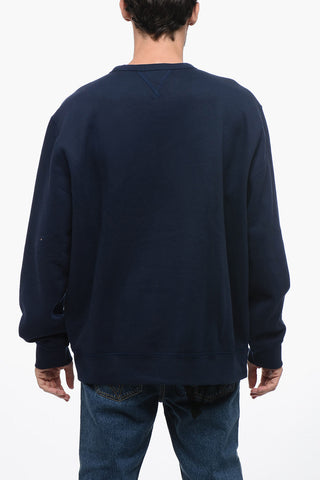Felpa Girocollo in Misto Cotone con Applicazione in Velour a Coste