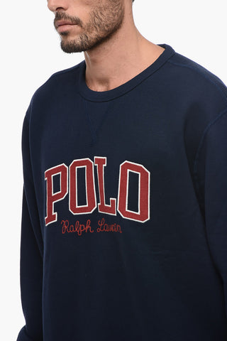 Felpa Girocollo in Misto Cotone con Applicazione in Velour a Coste