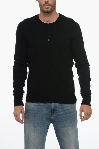 Creased-effect Wool Sweater with Raw Cut Detail