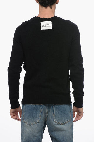 Creased-effect Wool Sweater with Raw Cut Detail