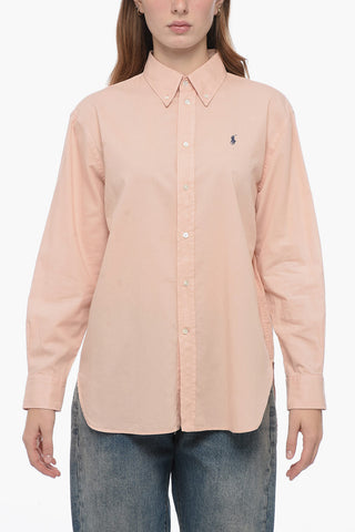 Solid Color Button-Down Collar Shirt with Embroidered Logo