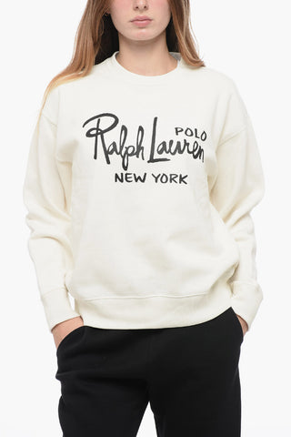 Crew Neck Fleece Cotton Sweatshirt with Print
