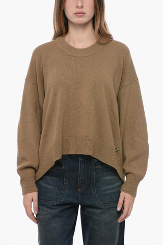 Crew Neck Wool Blend Sweater with Asymmetric Design