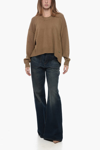 Crew Neck Wool Blend Sweater with Asymmetric Design