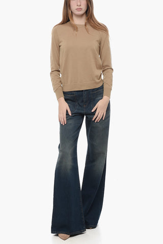 Crew Neck Wool Blend Sweater with Back Buttoning