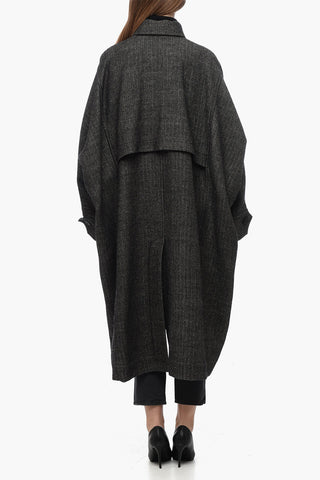 Blended Linen Oversized Trench with Herrinbone Motif