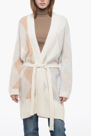 Casentino Wool Long Cardigan with Geometric Motif
