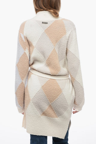 Casentino Wool Long Cardigan with Geometric Motif