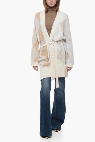 Casentino Wool Long Cardigan with Geometric Motif